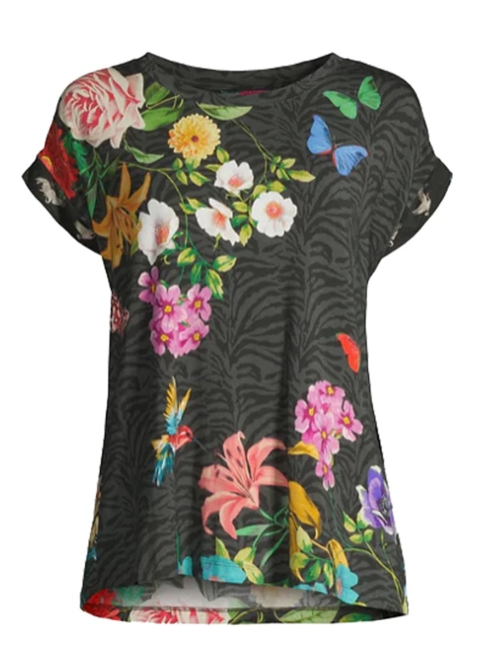 Johnny Was Blooming Breeze Short Floral Tee Crew Neck Shirt Black Top Medium EUC